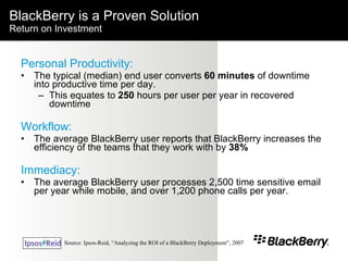 BlackBerry is a Proven Solution  Return on Investment Personal Productivity:  The typical (median) end user converts  60 minutes  of downtime into productive time per day.  This equates to  250  hours per user per year in recovered downtime Workflow:   The average BlackBerry user reports that BlackBerry increases the efficiency of the teams that they work with by  38%   Immediacy:   The average BlackBerry user processes 2,500 time sensitive email per year while mobile, and over 1,200 phone calls per year.  Source:  Ipsos-Reid , “Analyzing the ROI of a BlackBerry Deployment”, 2007 