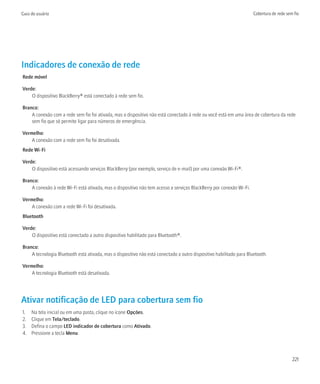 Guia do usuário                                                                                                      Cobertura de rede sem fio




Indicadores de conexão de rede
Rede móvel

Verde:
    O dispositivo BlackBerry® está conectado à rede sem fio.

Branco:
    A conexão com a rede sem fio foi ativada, mas o dispositivo não está conectado à rede ou você está em uma área de cobertura da rede
    sem fio que só permite ligar para números de emergência.

Vermelho:
    A conexão com a rede sem fio foi desativada.
Rede Wi-Fi

Verde:
    O dispositivo está acessando serviços BlackBerry (por exemplo, serviço de e-mail) por uma conexão Wi-Fi®.

Branco:
    A conexão à rede Wi-Fi está ativada, mas o dispositivo não tem acesso a serviços BlackBerry por conexão Wi-Fi.

Vermelho:
    A conexão com a rede Wi-Fi foi desativada.
Bluetooth

Verde:
    O dispositivo está conectado a outro dispositivo habilitado para Bluetooth®.

Branco:
    A tecnologia Bluetooth está ativada, mas o dispositivo não está conectado a outro dispositivo habilitado para Bluetooth.

Vermelho:
    A tecnologia Bluetooth está desativada.




Ativar notificação de LED para cobertura sem fio
1.   Na tela inicial ou em uma pasta, clique no ícone Opções.
2.   Clique em Tela/teclado.
3.   Defina o campo LED indicador de cobertura como Ativado.
4.   Pressione a tecla Menu.



                                                                                                                                          221
 