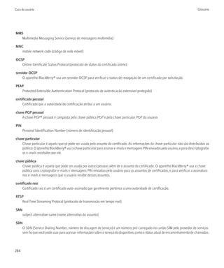 Guia do usuário                                                                                                                     Glossário




MMS
   Multimedia Messaging Service (serviço de mensagens multimídia)

MNC
   mobile network code (código de rede móvel)

OCSP
   Online Certificate Status Protocol (protocolo de status do certificado online)

servidor OCSP
     O aparelho BlackBerry® usa um servidor OCSP para verificar o status de revogação de um certificado por solicitação.

PEAP
   Protected Extensible Authentication Protocol (protocolo de autenticação extensível protegido)

certificado pessoal
     Certificado que a autoridade de certificação atribui a um usuário.

chave PGP pessoal
    A chave PGP® pessoal é composta pela chave pública PGP e pela chave particular PGP do usuário.

PIN
      Personal Identification Number (número de identificação pessoal)

chave particular
    Chave particular é aquela que só pode ser usada pelo assunto do certificado. As informações da chave particular não são distribuídas ao
    público. O aparelho BlackBerry® usa a chave particular para assinar e-mails e mensagens PIN enviadas pelo usuário, e para descriptografar
    os e-mails recebidos por ele.

chave pública
    Chave pública é aquela que pode ser usada por outras pessoas além de o assunto do certificado. O aparelho BlackBerry® usa a chave
    pública para criptografar e-mails e mensagens PIN enviadas pelo usuário para os assuntos de certificados, e para verificar a assinatura
    nos e-mails e mensagens que o usuário recebe desses assuntos.

certificado raiz
     Certificado raiz é um certificado auto-assinado que geralmente pertence a uma autoridade de certificação.

RTSP
   Real Time Streaming Protocol (protocolo de transmissão em tempo real)

SAN
      subject alternative name (nome alternativo do assunto)

SDN
   O SDN (Service Dialing Number, número de discagem de serviço) é um número pré-carregado no cartão SIM pelo provedor de serviços
   sem fio que você pode usar para acessar informações sobre o serviço do dispositivo, como o status atual de encaminhamento de chamadas.



284
 