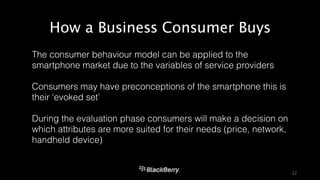 How a Business Consumer Buys 
‣ The consumer behaviour model can be applied to the 
smartphone market due to the variables of service providers 
‣ Consumers may have preconceptions of the smartphone this is 
their ‘evoked set’ 
‣ During the evaluation phase consumers will make a decision on 
which attributes are more suited for their needs (price, network, 
handheld device) 
22 
 