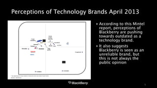 Perceptions of Technology Brands April 2013 
‣ According to this Mintel 
report, perceptions of 
Blackberry are pushing 
towards outdated as a 
technology brand. 
‣ It also suggests 
Blackberry is seen as an 
unreliable brand, but 
this is not always the 
public opinion 
5 
 