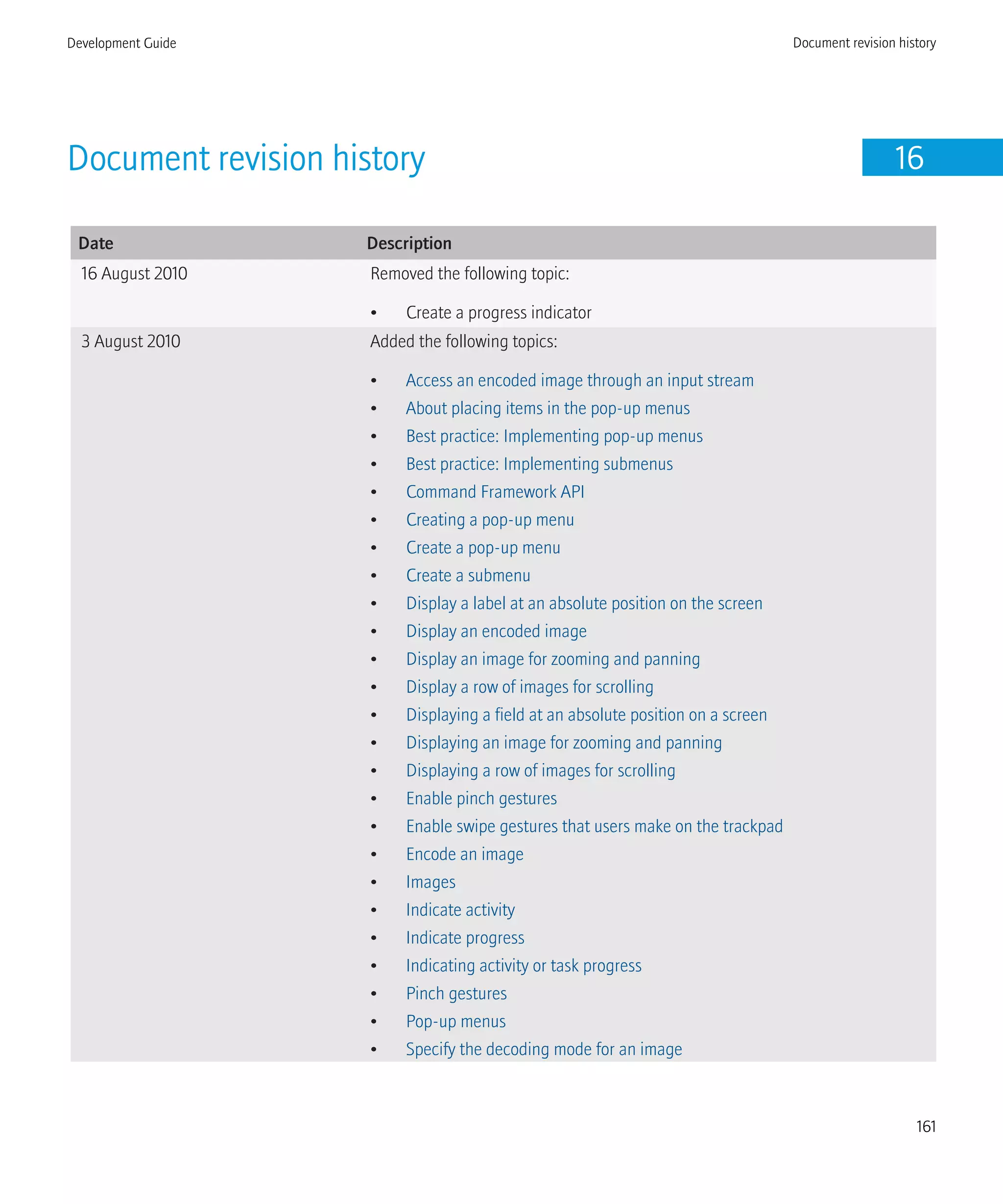 Document revision history 16
Date Description
16 August 2010 Removed the following topic:
• Create a progress indicator
3 August 2010 Added the following topics:
• Access an encoded image through an input stream
• About placing items in the pop-up menus
• Best practice: Implementing pop-up menus
• Best practice: Implementing submenus
• Command Framework API
• Creating a pop-up menu
• Create a pop-up menu
• Create a submenu
• Display a label at an absolute position on the screen
• Display an encoded image
• Display an image for zooming and panning
• Display a row of images for scrolling
• Displaying a field at an absolute position on a screen
• Displaying an image for zooming and panning
• Displaying a row of images for scrolling
• Enable pinch gestures
• Enable swipe gestures that users make on the trackpad
• Encode an image
• Images
• Indicate activity
• Indicate progress
• Indicating activity or task progress
• Pinch gestures
• Pop-up menus
• Specify the decoding mode for an image
Development Guide Document revision history
161
 