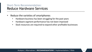 Short-Term Recommendation:
Reduce Hardware Services_____________________________________________________________________________________________________________________________________________
• Reduce the varieties of smartphones
• Hardware business has been struggling for the past years
• Hardware segment performance has not been improved
• Slack resources are required to expand other profitable businesses
Analysis | Alternatives | RECOMMENDATIONS | Implementations | Risks 14
 