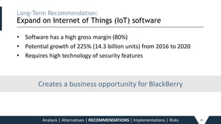 Long-Term Recommendation:
Expand on Internet of Things (IoT) software
_____________________________________________________________________________________________________________________________________________
• Software has a high gross margin (80%)
• Potential growth of 225% (14.3 billion units) from 2016 to 2020
• Requires high technology of security features
Analysis | Alternatives | RECOMMENDATIONS | Implementations | Risks 18
Creates a business opportunity for BlackBerry
 