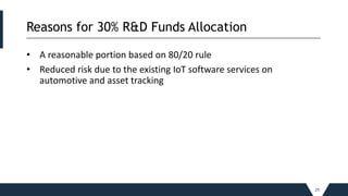Reasons for 30% R&D Funds Allocation_____________________________________________________________________________________________________________________________________________
• A reasonable portion based on 80/20 rule
• Reduced risk due to the existing IoT software services on
automotive and asset tracking
29
 