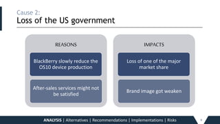 Cause 2:
Loss of the US government_____________________________________________________________________________________________________________________________________________
9ANALYSIS | Alternatives | Recommendations | Implementations | Risks
REASONS
BlackBerry slowly reduce the
OS10 device production
After-sales services might not
be satisfied
IMPACTS
Loss of one of the major
market share
Brand image got weaken
 
