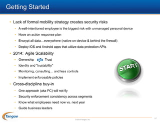 Getting Started
• Lack of formal mobility strategy creates security risks
• A well-intentioned employee is the biggest risk with unmanaged personal device
• Have an action response plan

• Encrypt all data…everywhere (native on-device & behind the firewall)
• Deploy iOS and Android apps that utilize data protection APIs

• 2014: Agile Scalability
• Ownership

Trust

• Identity and “trustability”
• Monitoring, consulting… and less controls
• Implement enforceable policies

• Cross-discipline buy-in
• One approach (aka PC) will not fly
• Security enforcement consistency across segments
• Know what employees need now vs. next year
• Guide business leaders

© 2014 Tangoe, Inc.

17

 