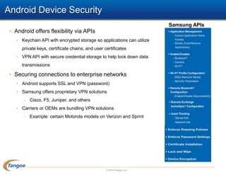 Android Device Security
Samsung APIs

• Android offers flexibility via APIs
• Keychain API with encrypted storage so applications can utilize
private keys, certificate chains, and user certificates
• VPN API with secure credential storage to help lock down data
transmissions

• Securing connections to enterprise networks
• Android supports SSL and VPN (password)
• Samsung offers proprietary VPN solutions
•

Cisco, F5, Juniper, and others

• Carriers or OEMs are bundling VPN solutions
•

Example: certain Motorola models on Verizon and Sprint

© 2014 Tangoe, Inc.

 