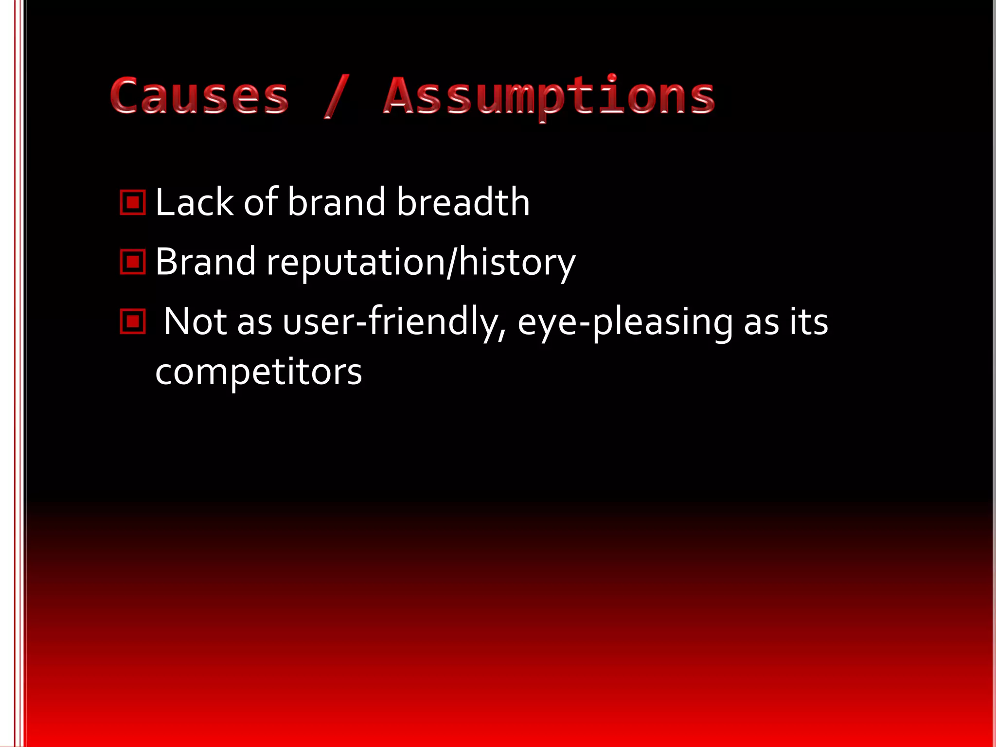  Lack of brand breadth
 Brand reputation/history
 Not as user-friendly, eye-pleasing as its
  competitors
 