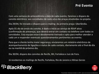 Com uma semana de antecedência a data de cada evento, faremos o disparo do convite eletrônico  aos convidados de cada uma das praças envolvidas no projeto. Dia 29/04, foi iniciado o disparo para o mailing  da primeira praça: Uberlândia. Após 01 dia do envio do convite, é dado o início ao serviço de RSVP ativo (confirmação de presença), que deverá entrar em contato via telefone com todos os convidados. Esta equipe estará devidamente treinada e apta para melhor atender a cada um e responder eventuais questionamentos pertinentes ao evento. Para que o cliente tenha maior segurança, enviaremos um relatório eletrônico de acompanhamento de ligações e status de cada contato, diariamente até o final do dia ou na manhã do próximo dia. Dia 30/04, disparo dos convites de Recife, BH, Fortaleza e Juiz de Fora. Já recebemos os mailings de Recife, Fortaleza, Rio de Janeiro e Minas Gerais Pré Evento 