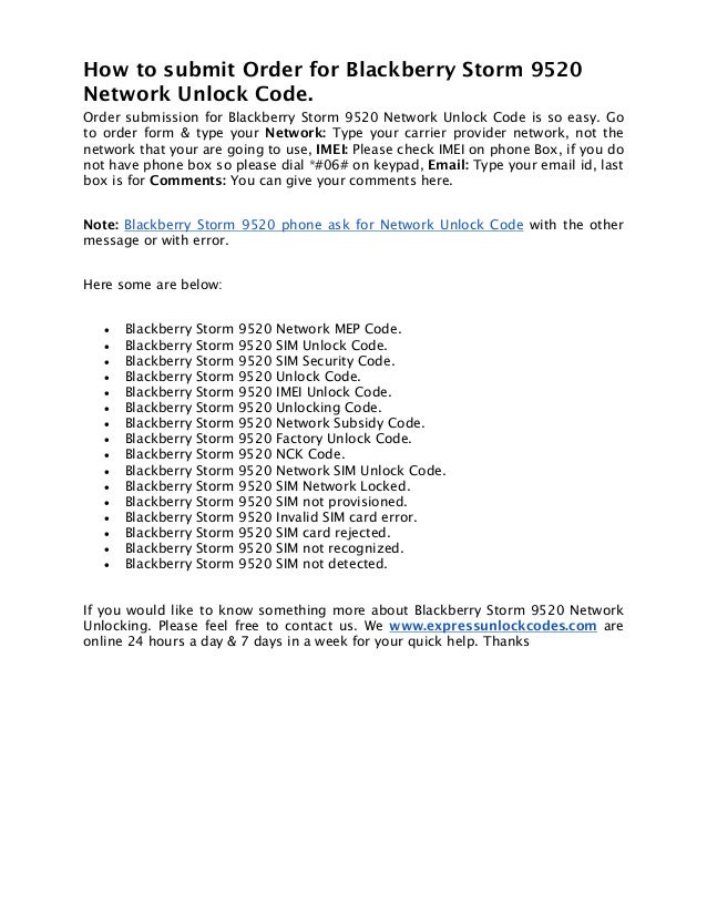 Blackberry Storm 9520 Network Unlock Code