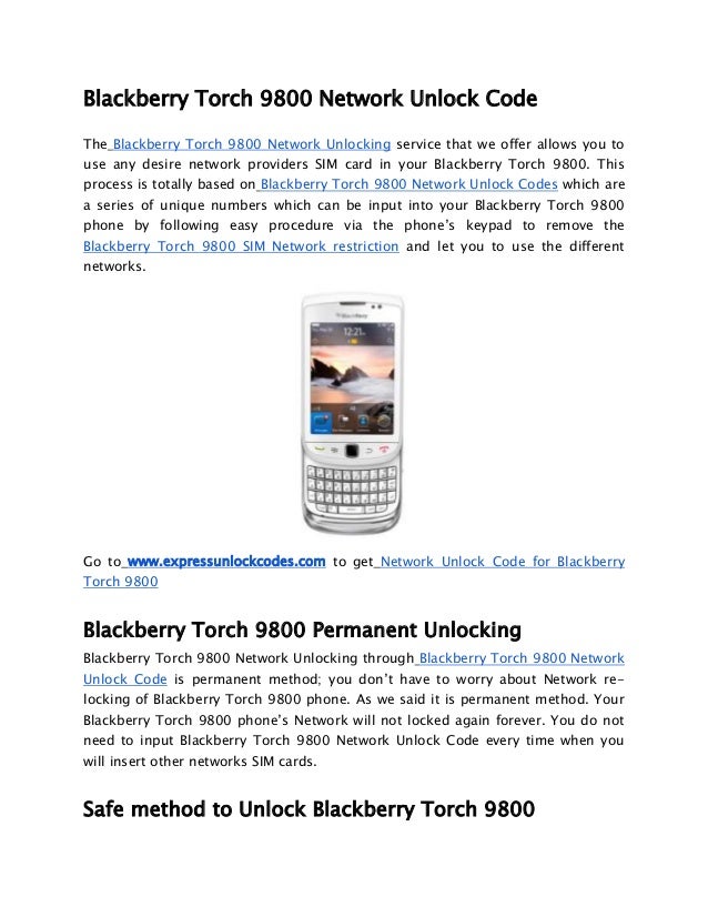 Blackberry Torch 9800 Network Unlock Code