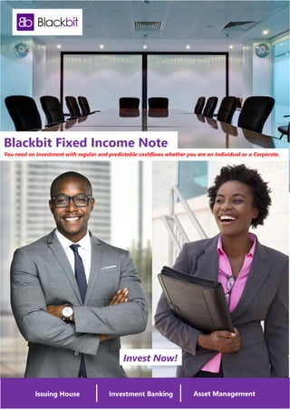 Investment BankingIssuing House Asset Management
Blackbit Fixed Income Note
You need an investment with regular and predictable cashflows whether you are an Individual or a Corporate.
Invest Now!
 