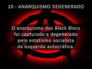 10 - ANARQUISMO DEGENERADO

O anarquismo dos Black Blocs
foi capturado e degenerado
pelo estatismo socialista
da esquerda autocrática.

 