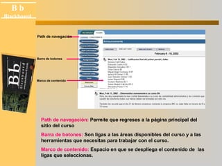 B b 
Black board 
Blackboard 
Path de navegación 
Barra de botones 
Marco de contenido 
Path de navegación: Permite que regreses a la página principal del 
sitio del curso 
Barra de botones: Son ligas a las áreas disponibles del curso y a las 
herramientas que necesitas para trabajar con el curso. 
Marco de contenido: Espacio en que se despliega el contenido de las 
ligas que seleccionas. 
 