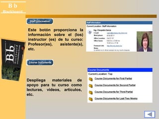 B b 
Black board 
Blackboard 
Este botón proporciona la 
información sobre el (los) 
instructor (es) de tu curso: 
Profesor(es), asistente(s), 
etc. 
Despliega materiales de 
apoyo para tu curso como 
lecturas, videos, artículos, 
etc. 
 