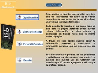 B b 
Black board 
Blackboard 
Esta opción te permite intercambiar archivos 
con los instructores del curso. Es la opción 
que utilizarás para enviar tus tareas al profesor 
una vez que las hayas terminado. 
Cada estudiante inscrito en un curso tiene un 
sitio para su página personal donde pueden 
colocar información de ellos mismos, y 
permanece en blanco hasta que tú mismo 
editas la página. 
A través de esta opción puedes editar tu 
información personal y seleccionar la 
información personal que no quieres que sea 
pública. 
Esta herramienta te permite ver tus pendientes 
o actividades por día, semana, mes o año. Los 
eventos que puedes ver en Calendar son 
aquellas que tú mismo agregaste y NO las que 
tu profesor asignó. 
 