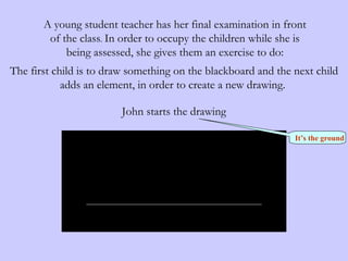 A young student teacher has her final examination in front of the class .  In order to occupy the children while she is being assessed, she gives them an exercise to do: John starts the drawing It’s the ground The first child is to draw something on the blackboard and the next child adds an element, in order to create a new drawing.   