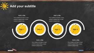 Your content is hit here, or your
content is played here, or your
content is played here,
Add a title
Your content is hit here, or your
content is played here, or your
content is played here,
Add a title
Your content is hit here, or your
content is played here, or your
content is played here,
Add a title
Your content is hit here, or your
content is played here, or your
content is played here,
Add a title
Step 1 Step 3
Step 2 Step 4
Add your subtitle
 