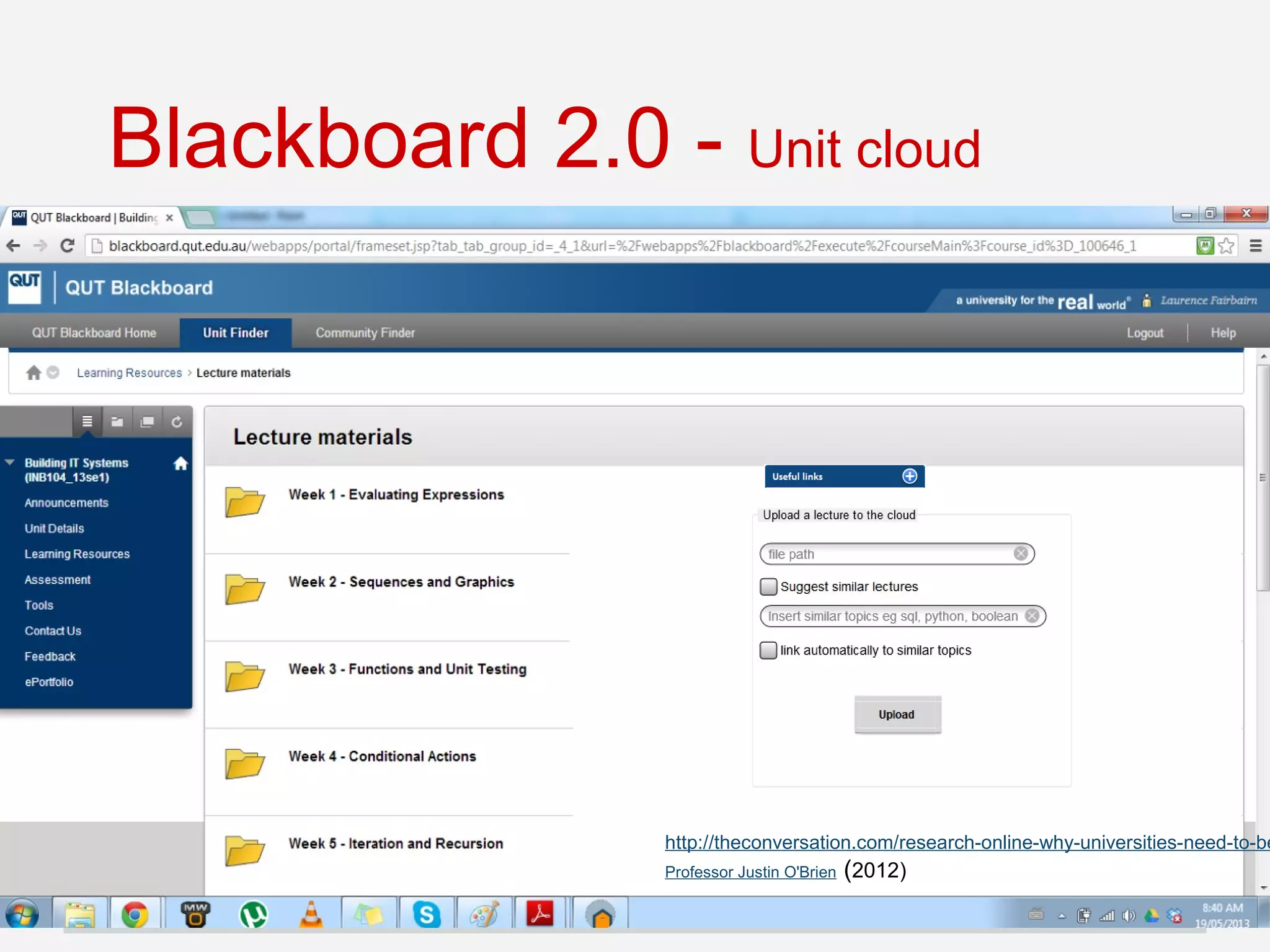 Blackboard 2.0 - Unit cloud
http://theconversation.com/research-online-why-universities-need-to-be
Professor Justin O'Brien (2012)
 