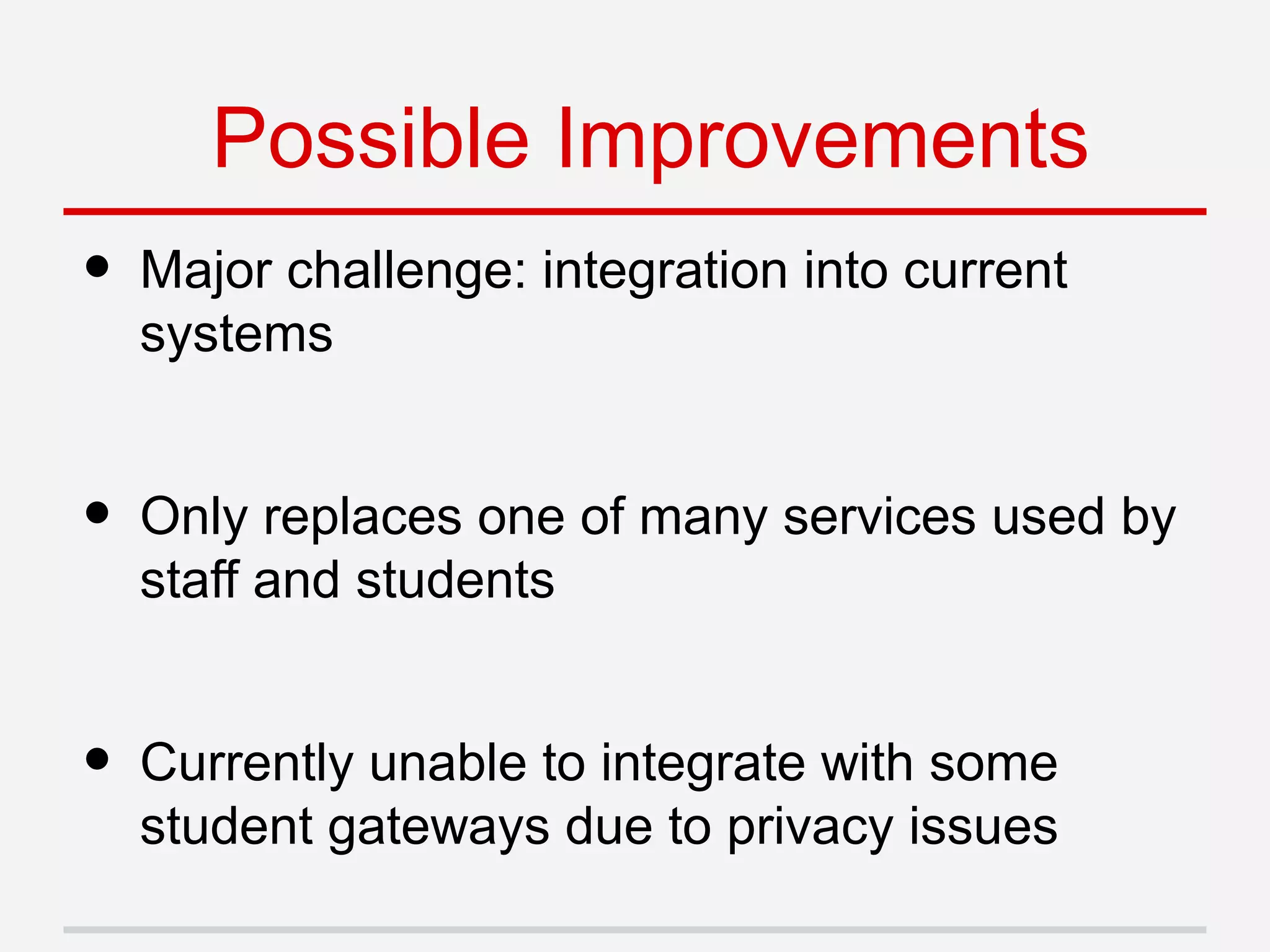 • Major challenge: integration into current
systems
• Only replaces one of many services used by
staff and students
• Currently unable to integrate with some
student gateways due to privacy issues
Possible Improvements
 