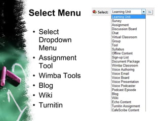 Select Menu Select Dropdown Menu Assignment Tool Wimba Tools Blog Wiki Turnitin 