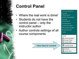 Control Panel Where the real work is done! Students do not have the control panel – only the instructor author Author controls settings of all course components Click Here for Control! 