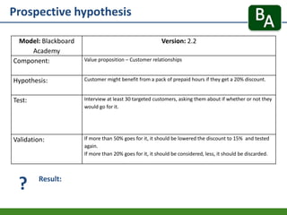 Prospective hypothesis
Result:
Model: Blackboard
Academy
Version: 2.2
Component: Value proposition – Customer relationships
Hypothesis: Customer might benefit from a pack of prepaid hours if they get a 20% discount.
Test: Interview at least 30 targeted customers, asking them about if whether or not they
would go for it.
Validation: If more than 50% goes for it, it should be lowered the discount to 15% and tested
again.
If more than 20% goes for it, it should be considered, less, it should be discarded.
?
 