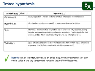 Tested hypothesis
Result: 60% of the interviewed said an office in a), normally customer’s or own
office. Cafés in the city center were however the preferred locations.
Model: Easy Office Version: 1.0
Component: Value proposition – flexible cost and schedule office space for HR / coaches
Hypothesis: HR / Coachers need temporary offices for their professional activities
Test: Interview a minimum of 10 people that are or have been HR / coachers, asking
them (a) 3 places where they normally meet with clients / professionals for their
sessions, and (b) if they would be willing to have any other place to be.
Validation: (a) An office have to come to their mind at least in 40% of them (b) An office have
to show up in 80% of the cases in which it didn’t appear in (a)
 