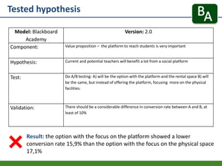 Tested hypothesis
Result: the option with the focus on the platform showed a lower
conversion rate 15,9% than the option with the focus on the physical space
17,1%
Model: Blackboard
Academy
Version: 2.0
Component: Value proposition – the platform to reach students is very important
Hypothesis: Current and potential teachers will benefit a lot from a social platform
Test: Do A/B testing: A) will be the option with the platform and the rental space B) will
be the same, but instead of offering the platform, focusing more on the physical
facilities.
Validation: There should be a considerable difference in conversion rate between A and B, at
least of 10%
 