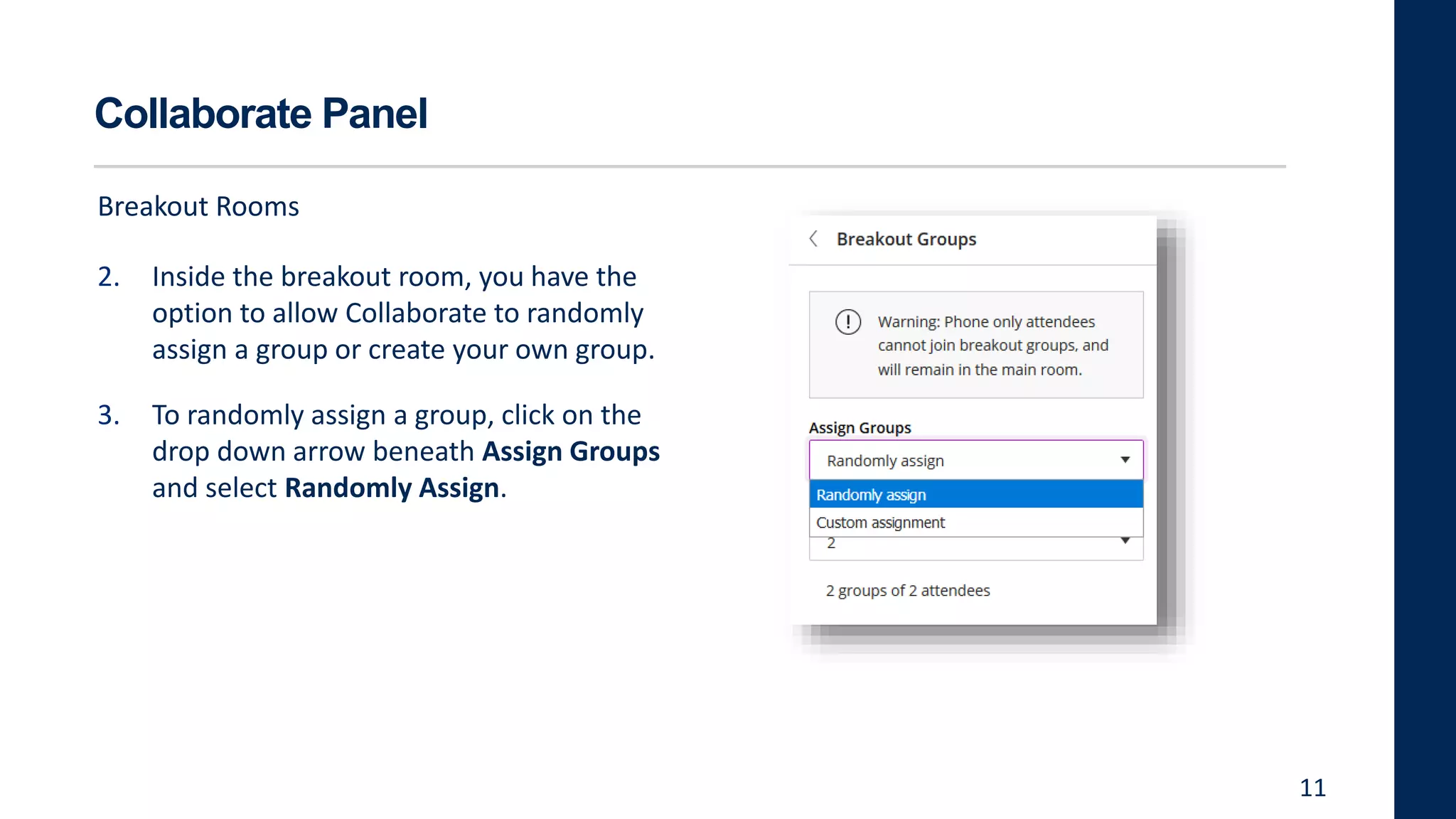 Collaborate Panel
Breakout Rooms
2. Inside the breakout room, you have the
option to allow Collaborate to randomly
assign a group or create your own group.
3. To randomly assign a group, click on the
drop down arrow beneath Assign Groups
and select Randomly Assign.
11
 