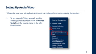 Setting Up Audio/Video
*Please be sure your microphone and camera are plugged in prior to entering the session.
1. To set up audio/video, you will need to
access your course room. Click on Course
Tools from the course menu in the left-
hand column.
2
 