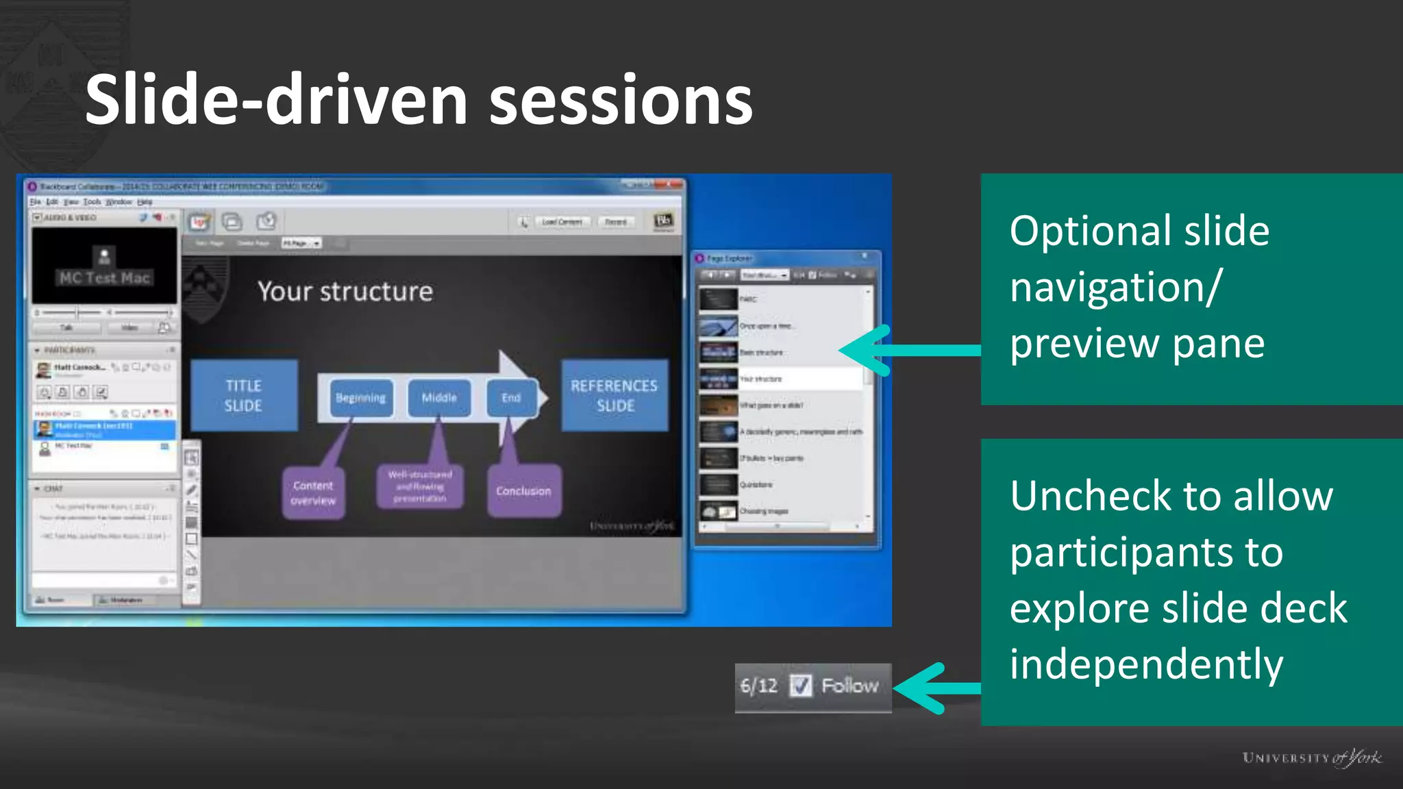 Slide-driven sessions
Optional slide
navigation/
preview pane
Uncheck to allow
participants to
explore slide deck
independently
 