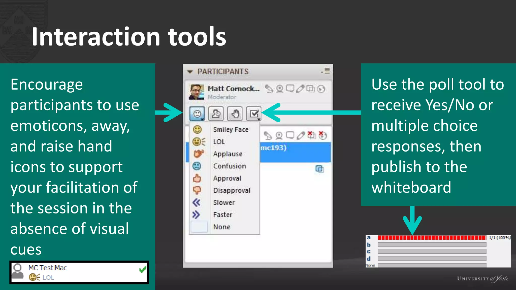 Interaction tools
Encourage
participants to use
emoticons, away,
and raise hand
icons to support
your facilitation of
the session in the
absence of visual
cues
Use the poll tool to
receive Yes/No or
multiple choice
responses, then
publish to the
whiteboard
 