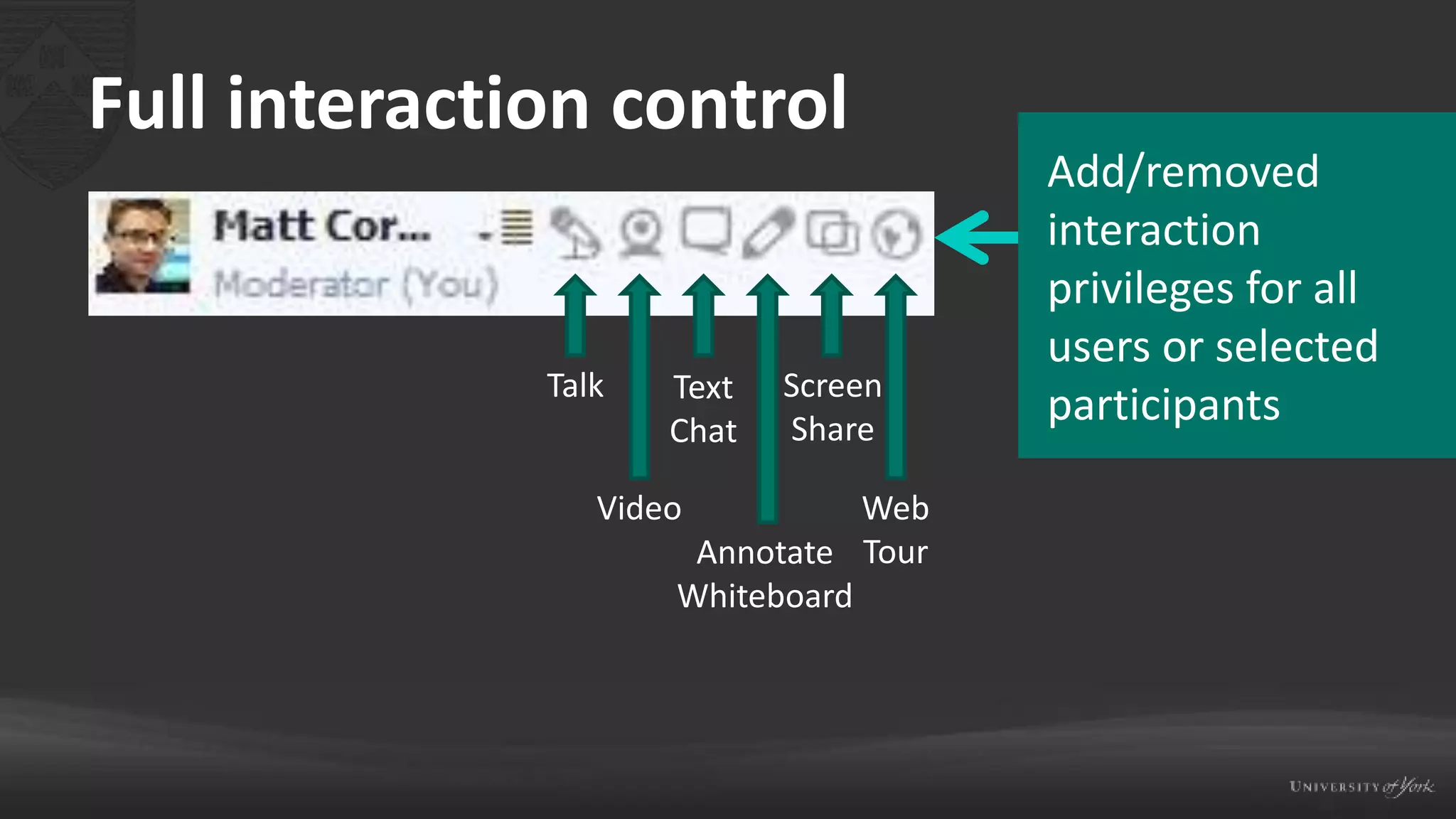 Full interaction control
Talk
Video
Text
Chat
Annotate
Whiteboard
Screen
Share
Web
Tour
Add/removed
interaction
privileges for all
users or selected
participants
 