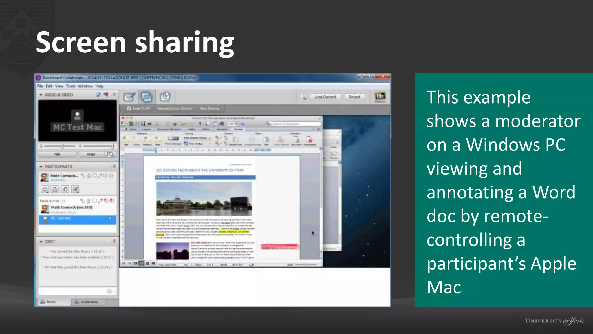 Screen sharing
This example
shows a moderator
on a Windows PC
viewing and
annotating a Word
doc by remote-
controlling a
participant’s Apple
Mac
 