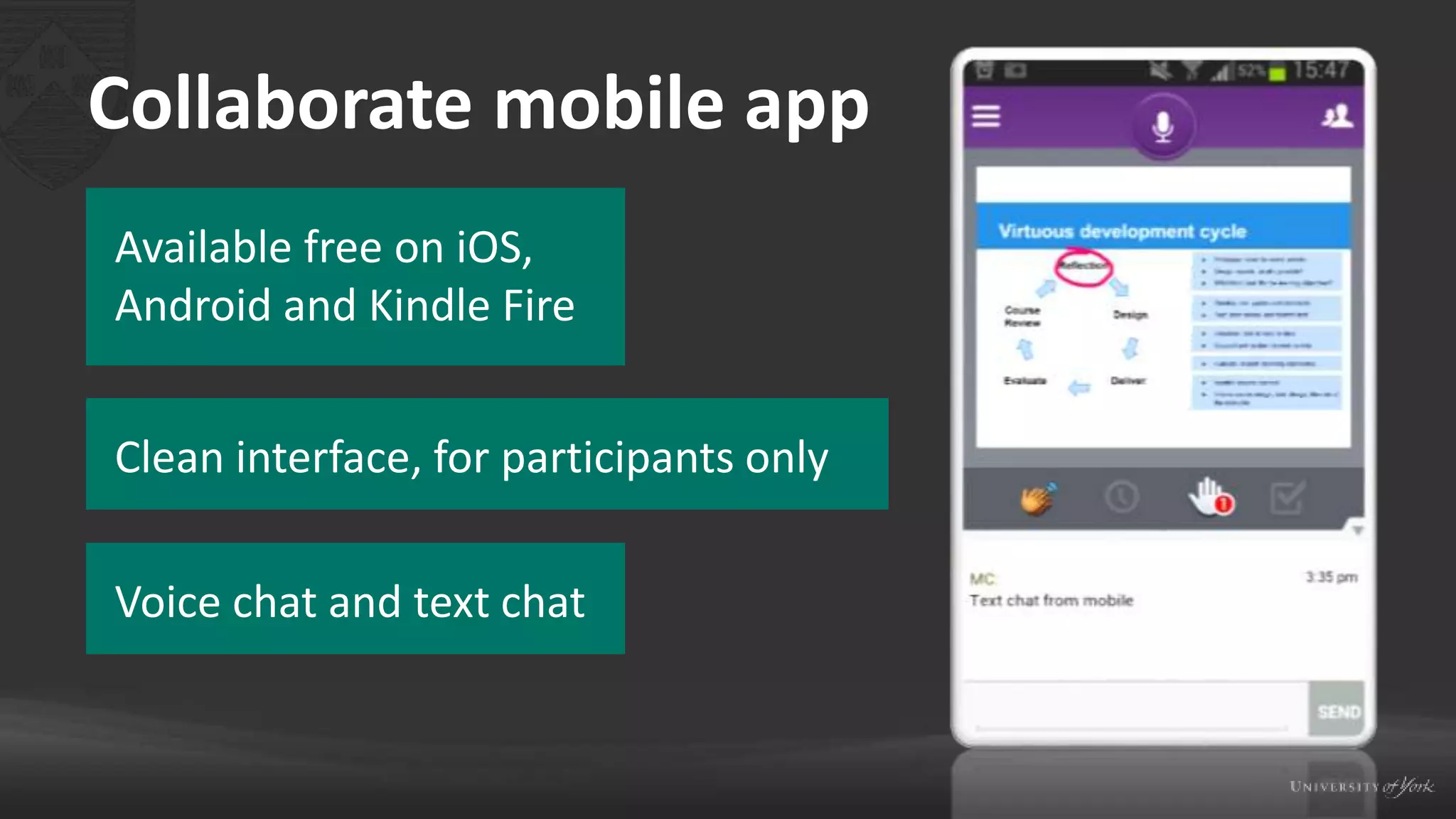 Collaborate mobile app
Available free on iOS,
Android and Kindle Fire
Clean interface, for participants only
Voice chat and text chat
 