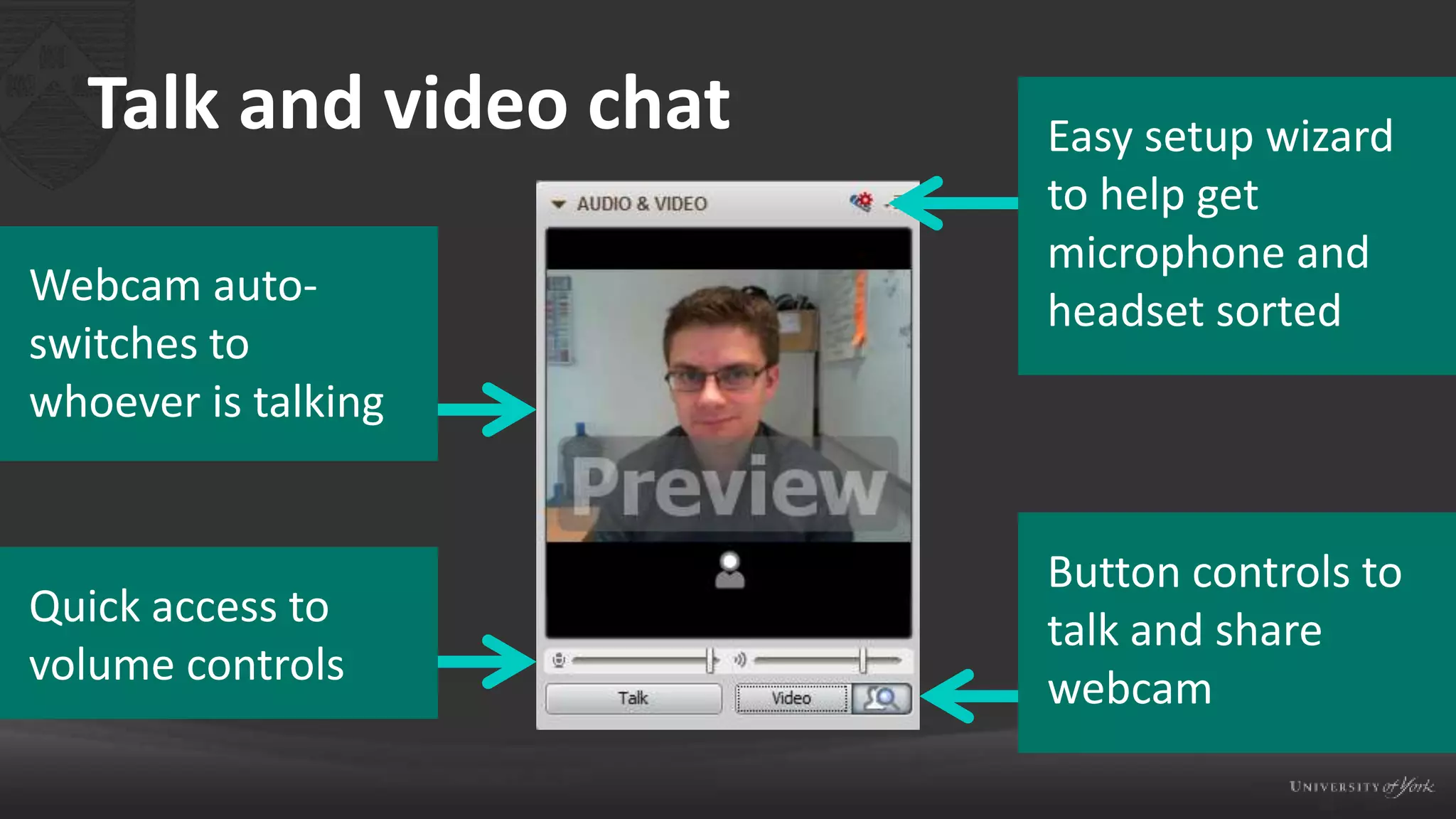 Talk and video chat Easy setup wizard
to help get
microphone and
headset sorted
Button controls to
talk and share
webcam
Quick access to
volume controls
Webcam auto-
switches to
whoever is talking
 
