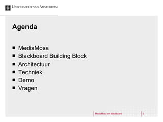 Agenda MediaMosa Blackboard Building Block Architectuur Techniek Demo Vragen 