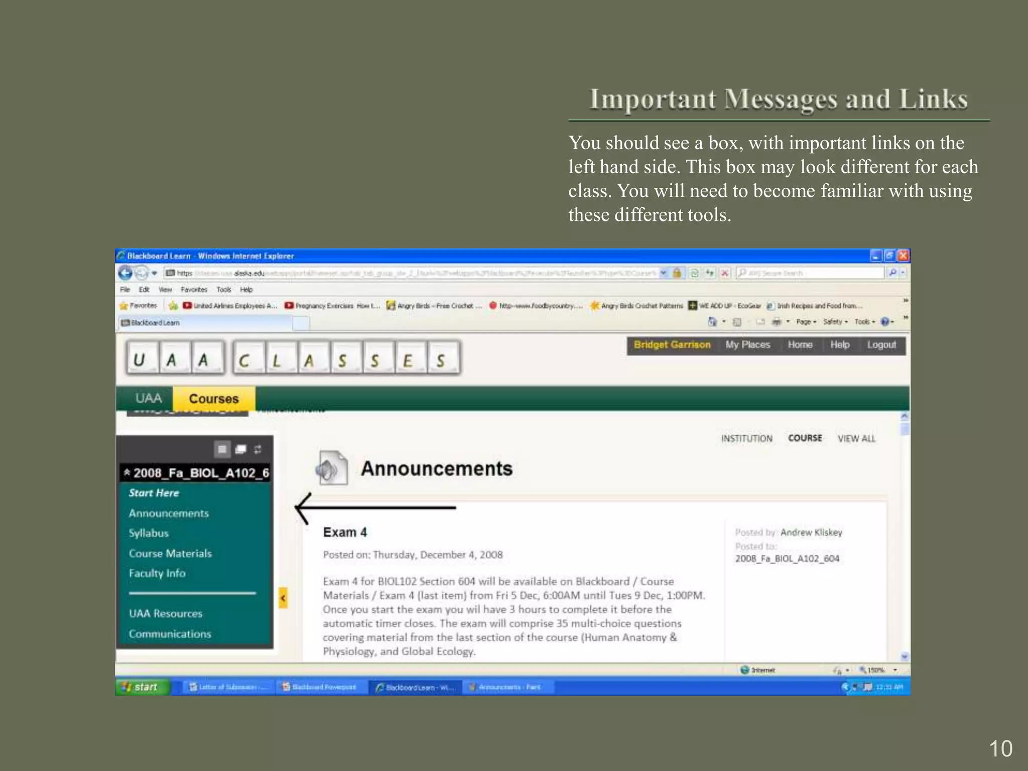 You should see a box, with important links on the
left hand side. This box may look different for each
class. You will need to become familiar with using
these different tools.




                                                       10
 