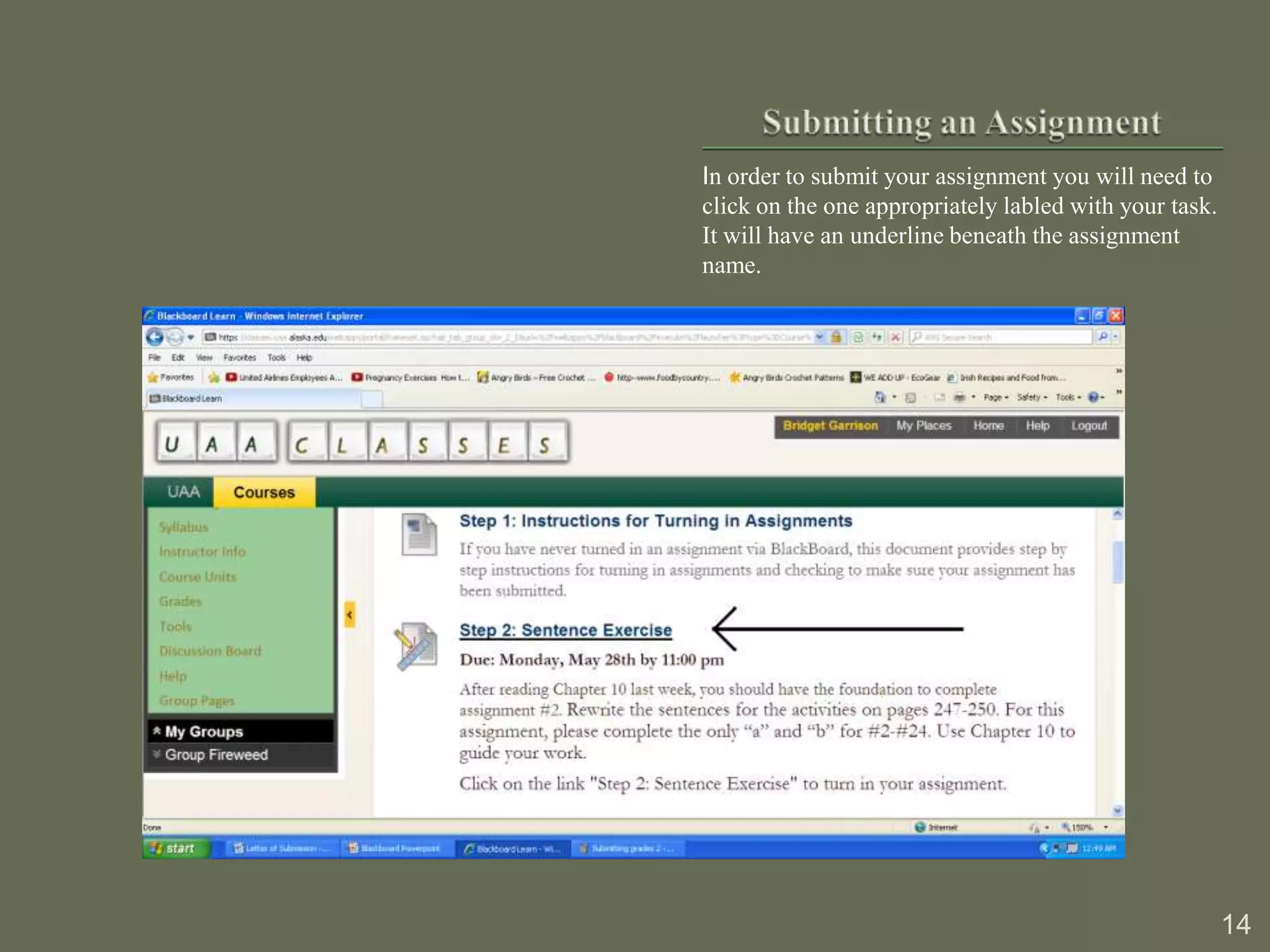 In order to submit your assignment you will need to
click on the one appropriately labled with your task.
It will have an underline beneath the assignment
name.




                                                        14
 