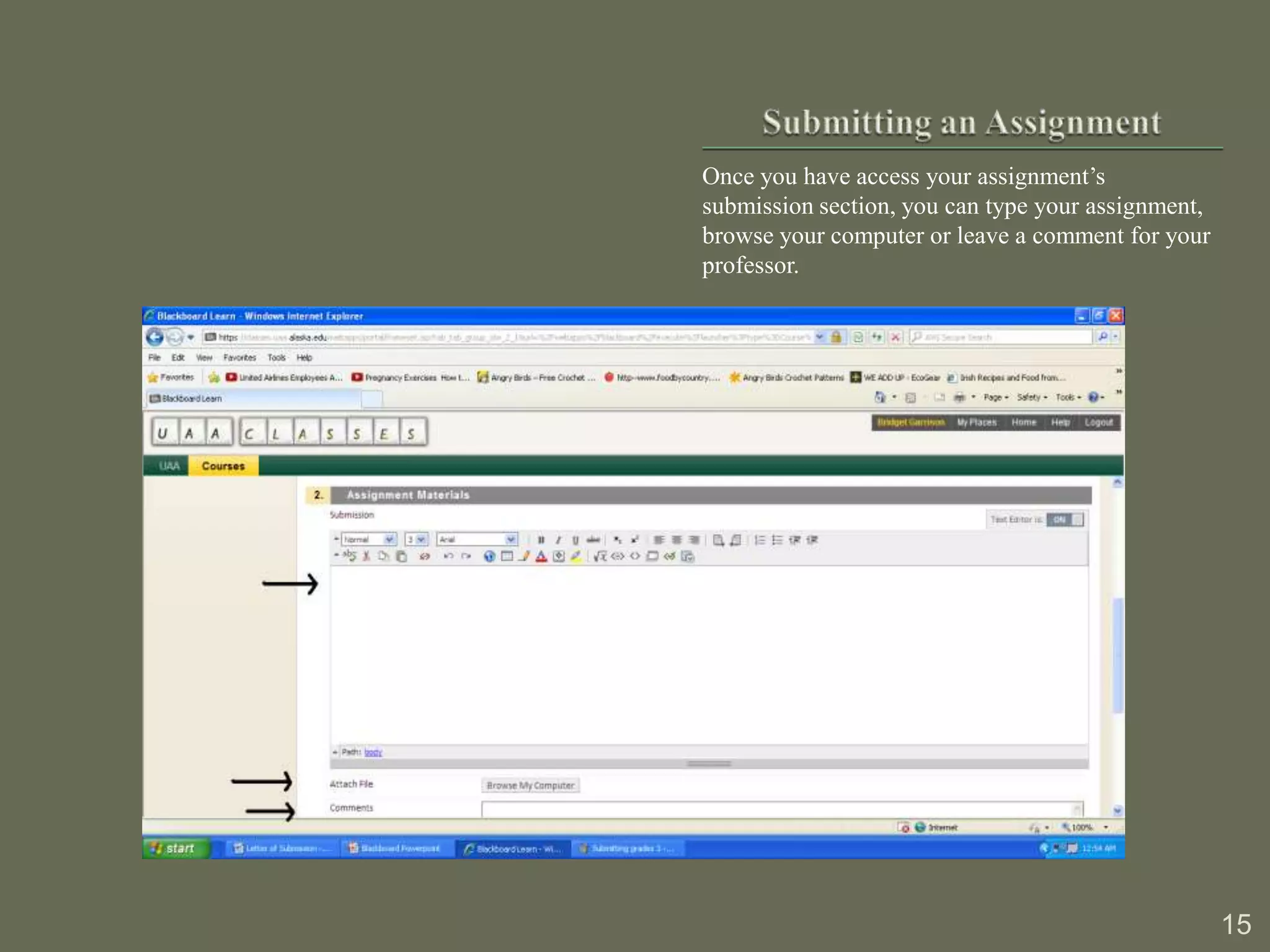 Once you have access your assignment’s
submission section, you can type your assignment,
browse your computer or leave a comment for your
professor.




                                                    15
 