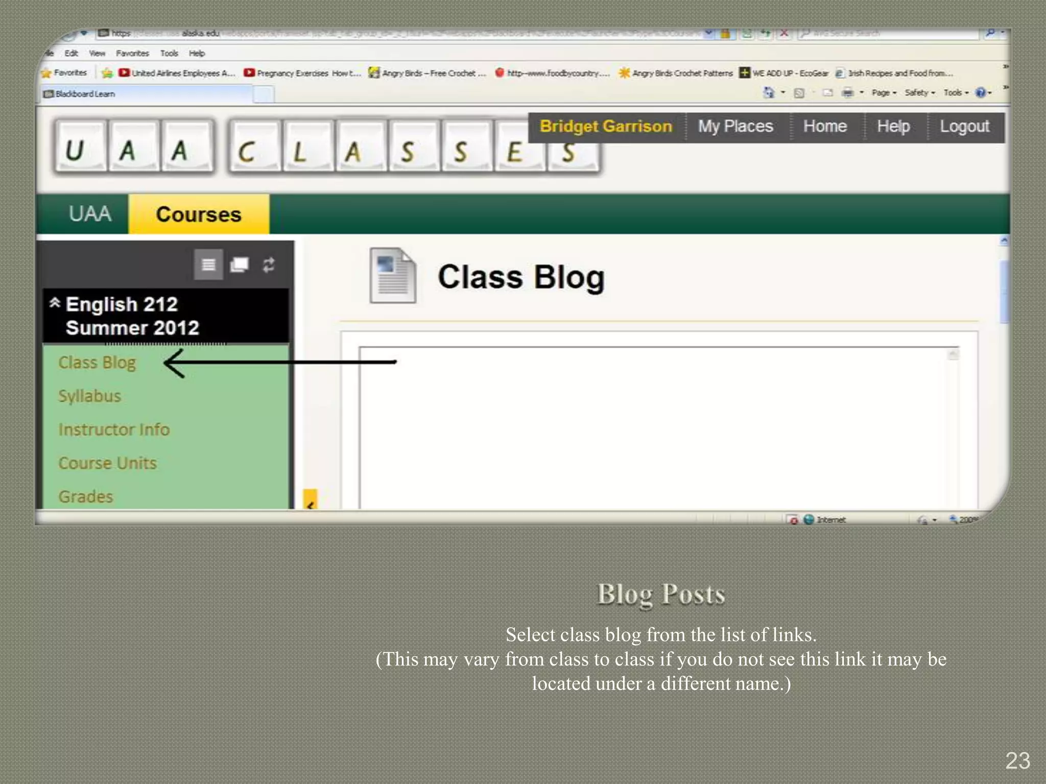 Select class blog from the list of links.
(This may vary from class to class if you do not see this link it may be
                  located under a different name.)


                                                                           23
 
