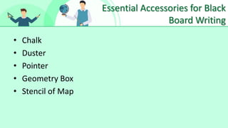 Essential Accessories for Black
Board Writing
• Chalk
• Duster
• Pointer
• Geometry Box
• Stencil of Map
 