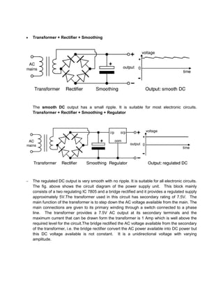  Transformer + Rectifier + Smoothing
The smooth DC output has a small ripple. It is suitable for most electronic circuits.
Transformer + Rectifier + Smoothing + Regulator
 The regulated DC output is very smooth with no ripple. It is suitable for all electronic circuits.
The fig. above shows the circuit diagram of the power supply unit. This block mainly
consists of a two regulating IC 7805 and a bridge rectified and it provides a regulated supply
approximately 5V.The transformer used in this circuit has secondary rating of 7.5V. The
main function of the transformer is to step down the AC voltage available from the main. The
main connections are given to its primary winding through a switch connected to a phase
line. The transformer provides a 7.5V AC output at its secondary terminals and the
maximum current that can be drawn form the transformer is 1 Amp which is well above the
required level for the circuit.The bridge rectified the AC voltage available from the secondary
of the transformer, i.e. the bridge rectifier convert the AC power available into DC power but
this DC voltage available is not constant. It is a unidirectional voltage with varying
amplitude.
 