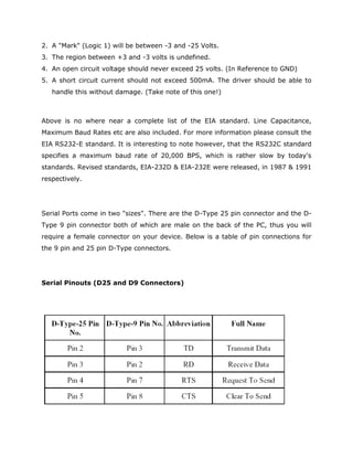 2. A "Mark" (Logic 1) will be between -3 and -25 Volts.
3. The region between +3 and -3 volts is undefined.
4. An open circuit voltage should never exceed 25 volts. (In Reference to GND)
5. A short circuit current should not exceed 500mA. The driver should be able to
handle this without damage. (Take note of this one!)
Above is no where near a complete list of the EIA standard. Line Capacitance,
Maximum Baud Rates etc are also included. For more information please consult the
EIA RS232-E standard. It is interesting to note however, that the RS232C standard
specifies a maximum baud rate of 20,000 BPS, which is rather slow by today's
standards. Revised standards, EIA-232D & EIA-232E were released, in 1987 & 1991
respectively.
Serial Ports come in two "sizes". There are the D-Type 25 pin connector and the D-
Type 9 pin connector both of which are male on the back of the PC, thus you will
require a female connector on your device. Below is a table of pin connections for
the 9 pin and 25 pin D-Type connectors.
Serial Pinouts (D25 and D9 Connectors)
 
