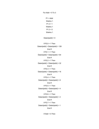 For Addr = 0 To 3
P1 = Addr
Waitms 1
P1.3 = 1
Waitms 1
P1.3 = 0
Waitms 1
Datain[addr] = 0
If P2.0 = 1 Then
Datain[addr] = Datain[addr] + 128
End If
If P2.1 = 1 Then
Datain[addr] = Datain[addr] + 64
End If
If P2.2 = 1 Then
Datain[addr] = Datain[addr] + 32
End If
If P2.3 = 1 Then
Datain[addr] = Datain[addr] + 16
End If
If P2.4 = 1 Then
Datain[addr] = Datain[addr] + 8
End If
If P2.5 = 1 Then
Datain[addr] = Datain[addr] + 4
End If
If P2.6 = 1 Then
Datain[addr] = Datain[addr] + 2
End If
If P2.7 = 1 Then
Datain[addr] = Datain[addr] + 1
End If
If Addr = 0 Then
 