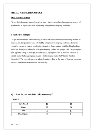 47 | P a g e
RESEARCH METHODOLOGY
Data collection method
To get the information about the study, a survey has been conducted considering number of
respondents. Respondents were selected by using random sampling technique.
Selection of Sample
To get the information about the study, a survey has been conducted considering number of
respondents. Respondents were selected by using random sampling technique. Samples
would be chosen as various possible investments or funds under a portfolio. Data has been
collected through questionnaire mainly considering various age groups, their risk perception,
risk appetite, safety of principal, liquidity etc. Keeping this view in mind we followed a
simple method of selecting respondents – following the method of “Simple Random
Sampling”. The respondents were selected randomly. Due to the want of time and resources
only 50 respondents were selected for the study.
Q 1. How do you look into Indian economy?
TABLE 3.1:
Very Good 10 20
Good 37 74
Bad 3 6
Don’t Know 0 0
 