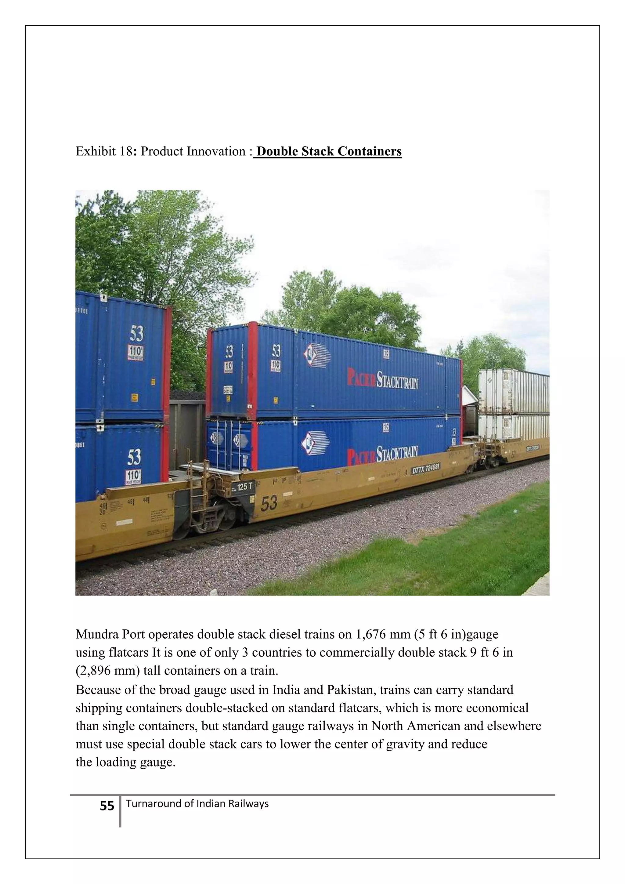 Exhibit 18: Product Innovation : Double Stack Containers

Mundra Port operates double stack diesel trains on 1,676 mm (5 ft 6 in)gauge
using flatcars It is one of only 3 countries to commercially double stack 9 ft 6 in
(2,896 mm) tall containers on a train.
Because of the broad gauge used in India and Pakistan, trains can carry standard
shipping containers double-stacked on standard flatcars, which is more economical
than single containers, but standard gauge railways in North American and elsewhere
must use special double stack cars to lower the center of gravity and reduce
the loading gauge.

55

Turnaround of Indian Railways

 