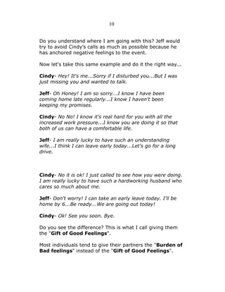 10
Do you understand where I am going with this? Jeff would
try to avoid Cindy’s calls as much as possible because he
has anchored negative feelings to the event.
Now let's take this same example and do it the right way...
Cindy- Hey! It's me...Sorry if I disturbed you...But I was
just missing you and wanted to talk.
Jeff- Oh Honey! I am so sorry...I know I have been
coming home late regularly...I know I haven't been
keeping my promises.
Cindy- No No! I know it's real hard for you with all the
increased work pressure...I know you are doing it so that
both of us can have a comfortable life.
Jeff- I am really lucky to have such an understanding
wife...I think I can leave early today...Let's go for a long
drive.

Cindy- No it is ok! I just called to see how you were doing.
I am really lucky to have such a hardworking husband who
cares so much about me.
Jeff- Don't worry! I can take an early leave today. I'll be
home by 6...Be ready...We are going out today!
Cindy- Ok! See you soon. Bye.
Do you see the difference? This is what I call giving them
the "Gift of Good Feelings".
Most individuals tend to give their partners the "Burden of
Bad feelings" instead of the "Gift of Good Feelings".

 